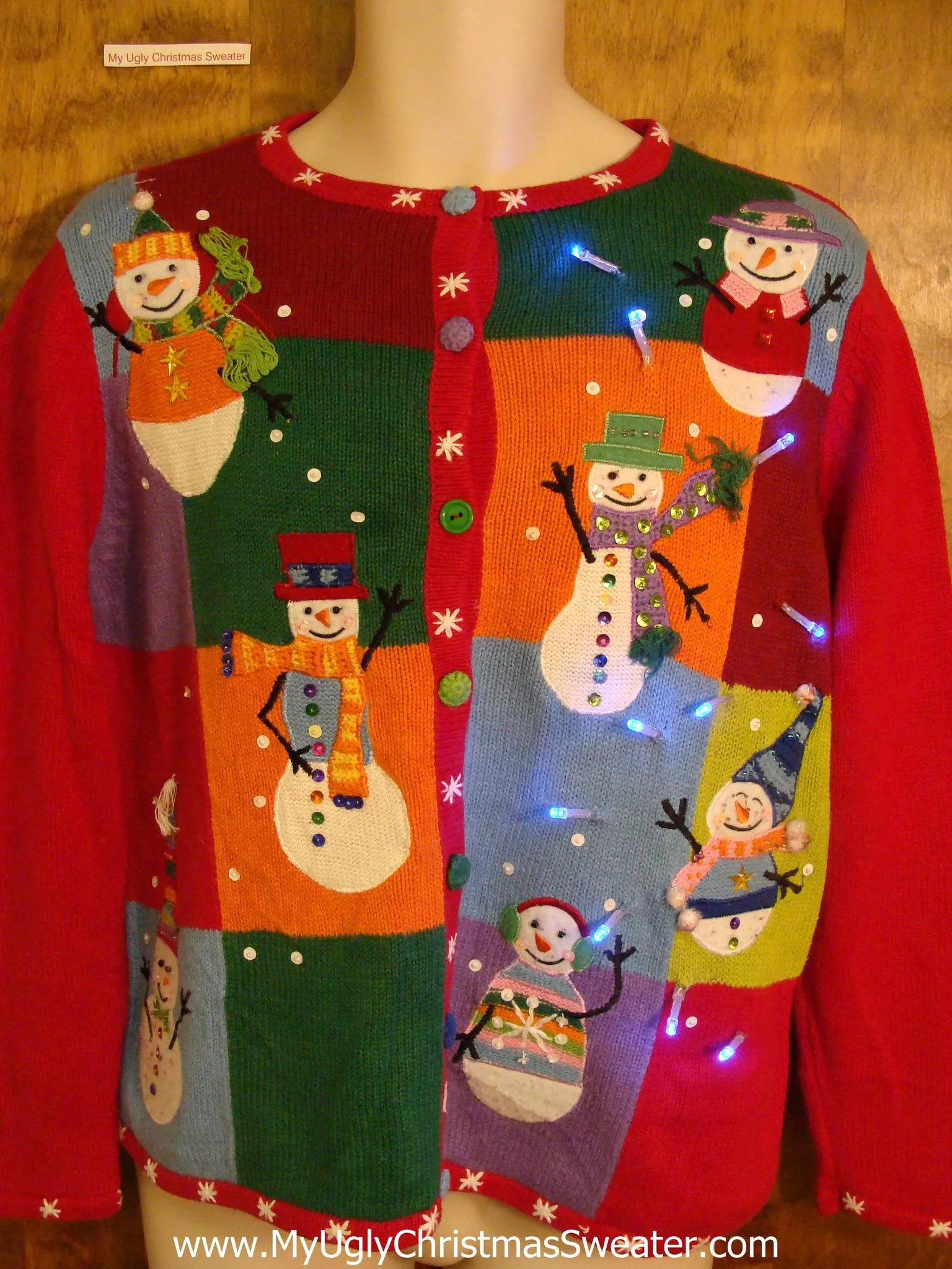 Bright Colorful Light Up Ugly Xmas Sweater with Snowmen