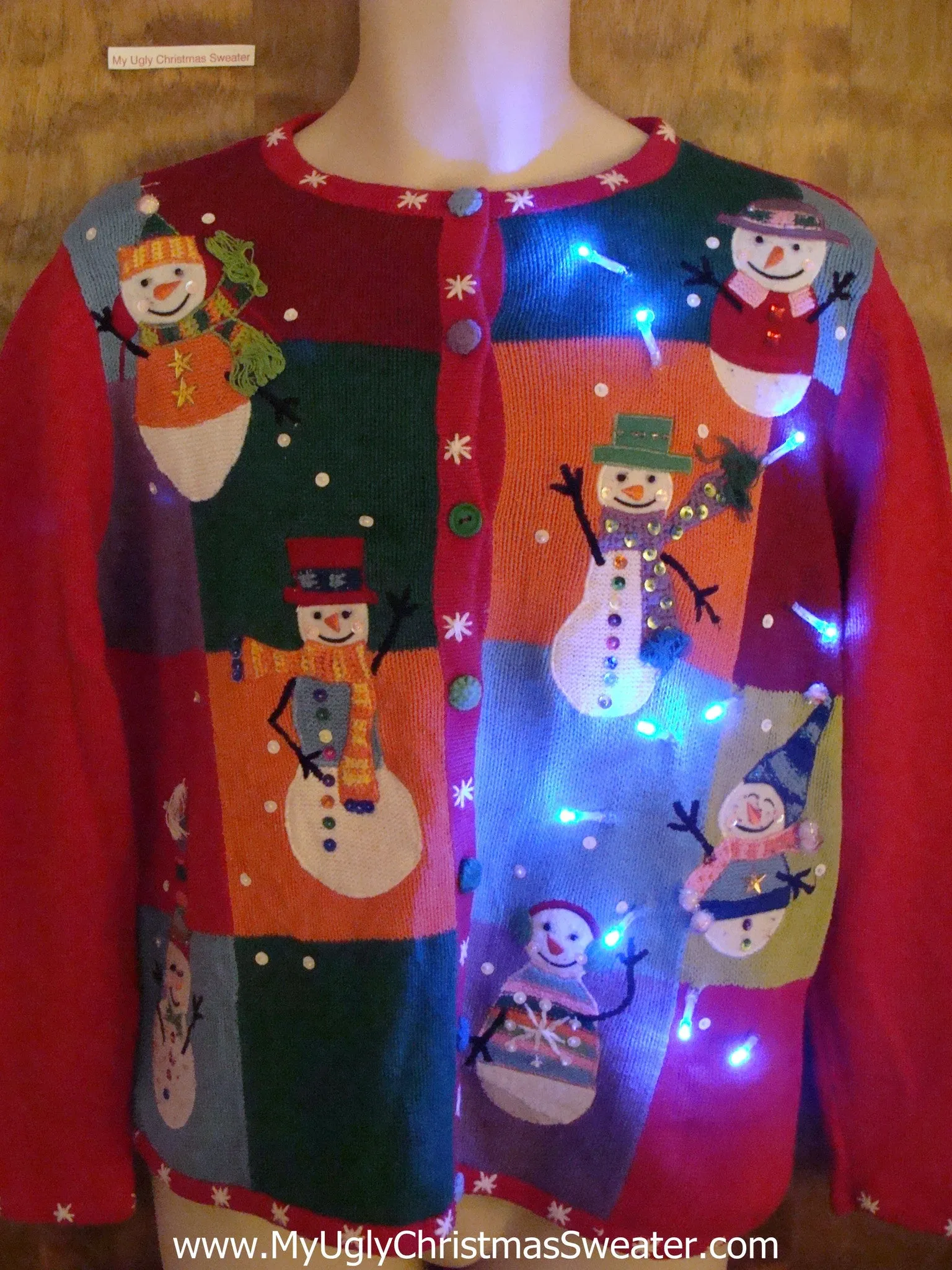 Bright Colorful Light Up Ugly Xmas Sweater with Snowmen