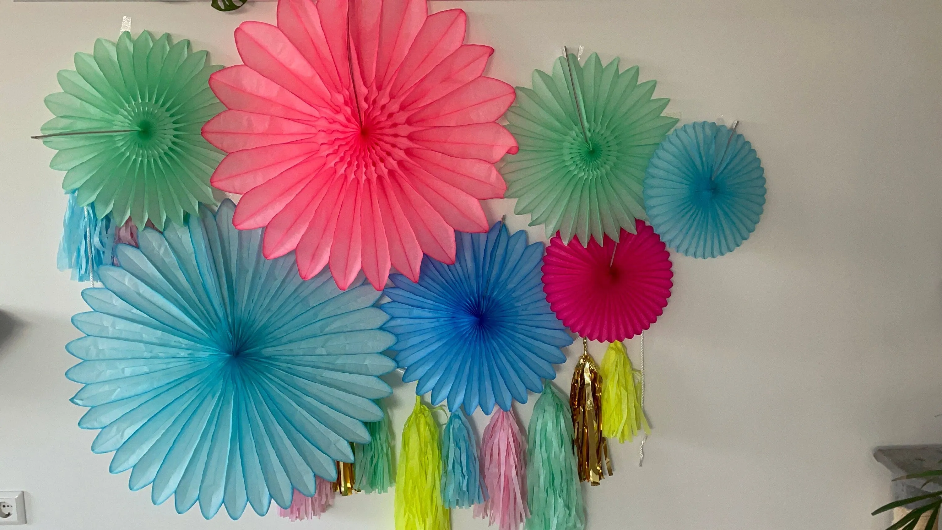 Bright colour Paper fan party decoration set - pink, blue and mint  - backdrop - with tassel garland - optional