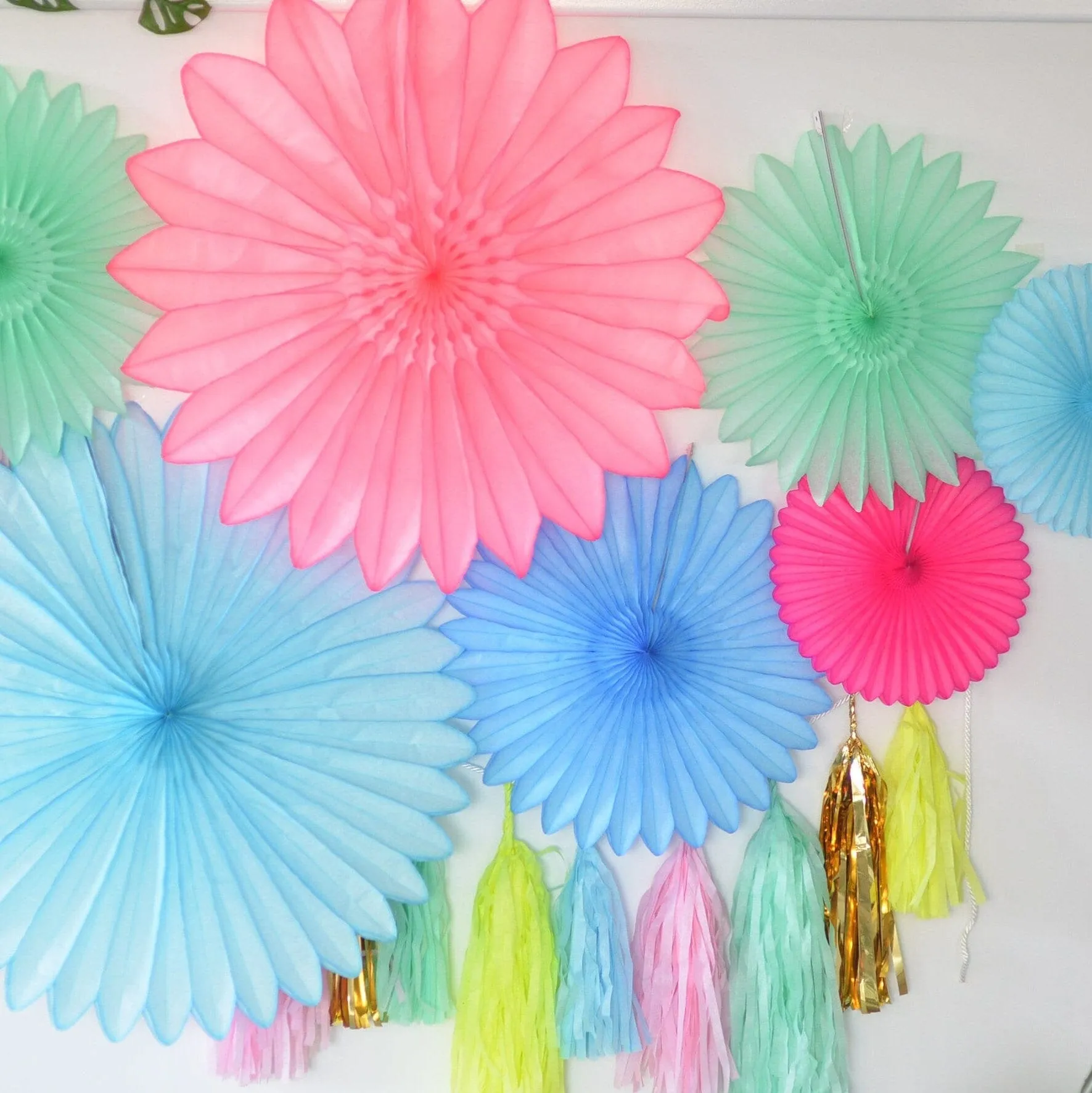 Bright colour Paper fan party decoration set - pink, blue and mint  - backdrop - with tassel garland - optional