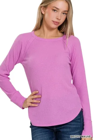 Bright Mauve Waffle-Knit Long-Sleeve Top