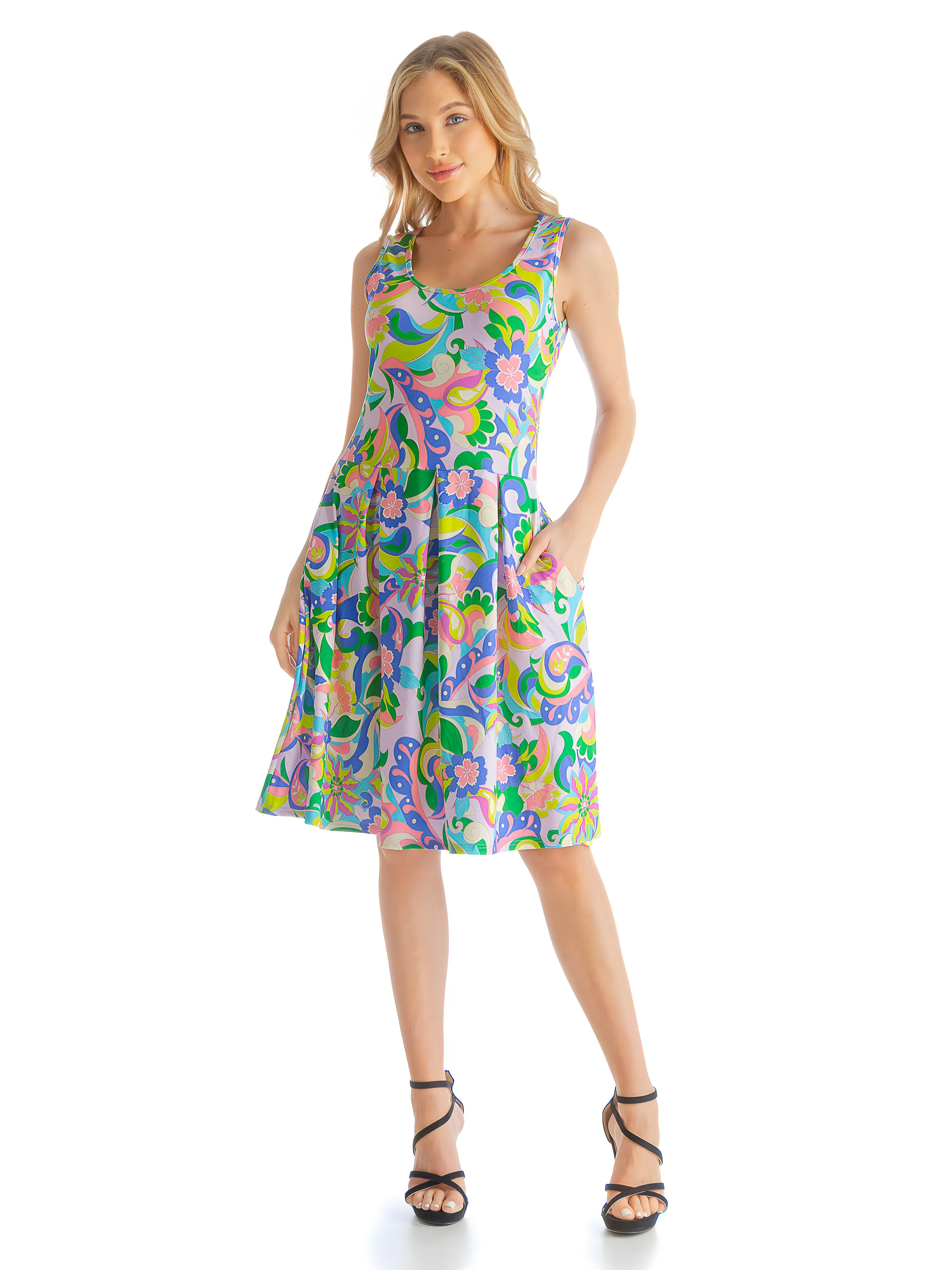 Bright Multicolor Floral Sleeveless Pleated Knee Length Pocket Dress