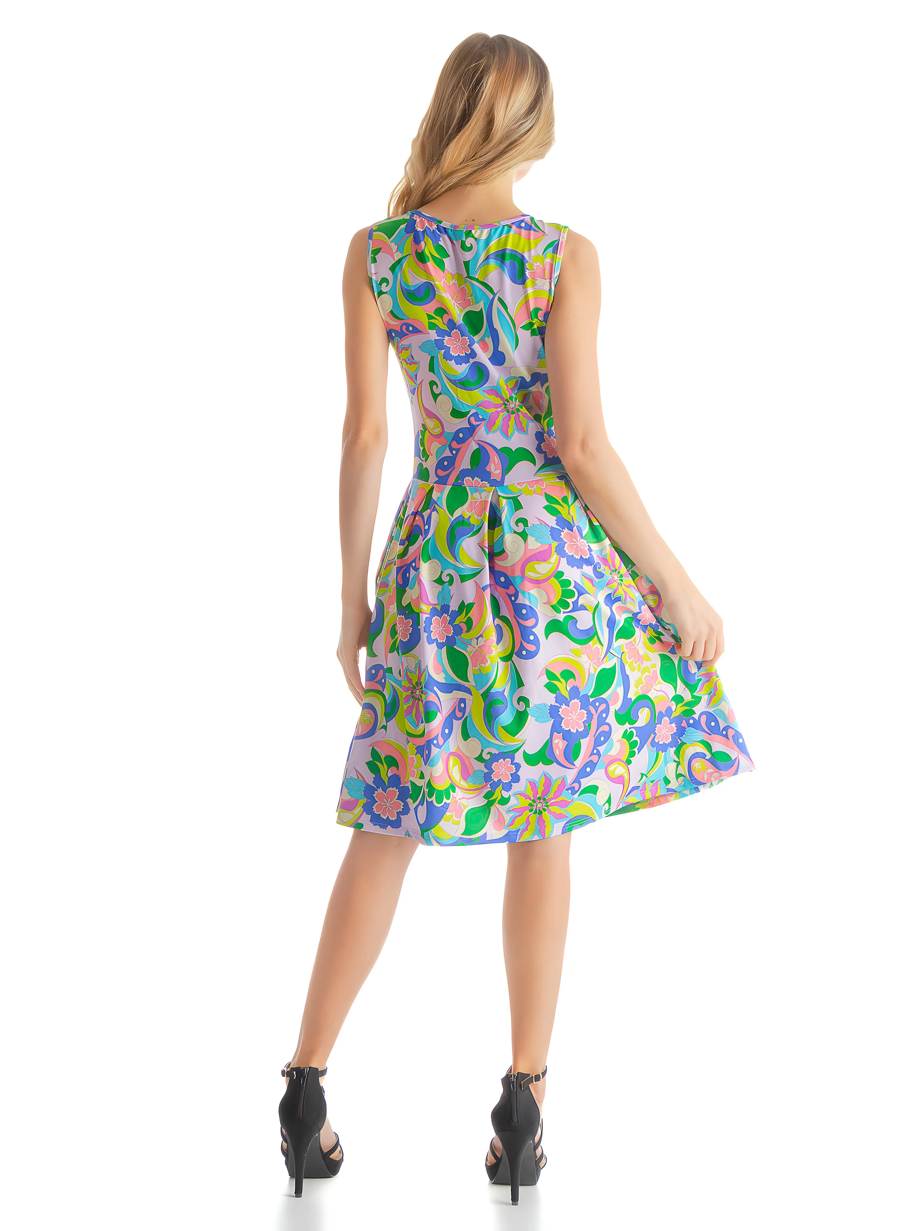 Bright Multicolor Floral Sleeveless Pleated Knee Length Pocket Dress