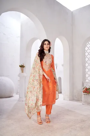 Bright Orange Embellished Raw Silk Pant Kurta Set