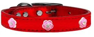 Bright Pink Rose Widget Genuine Metallic Leather Dog Collar Red 20