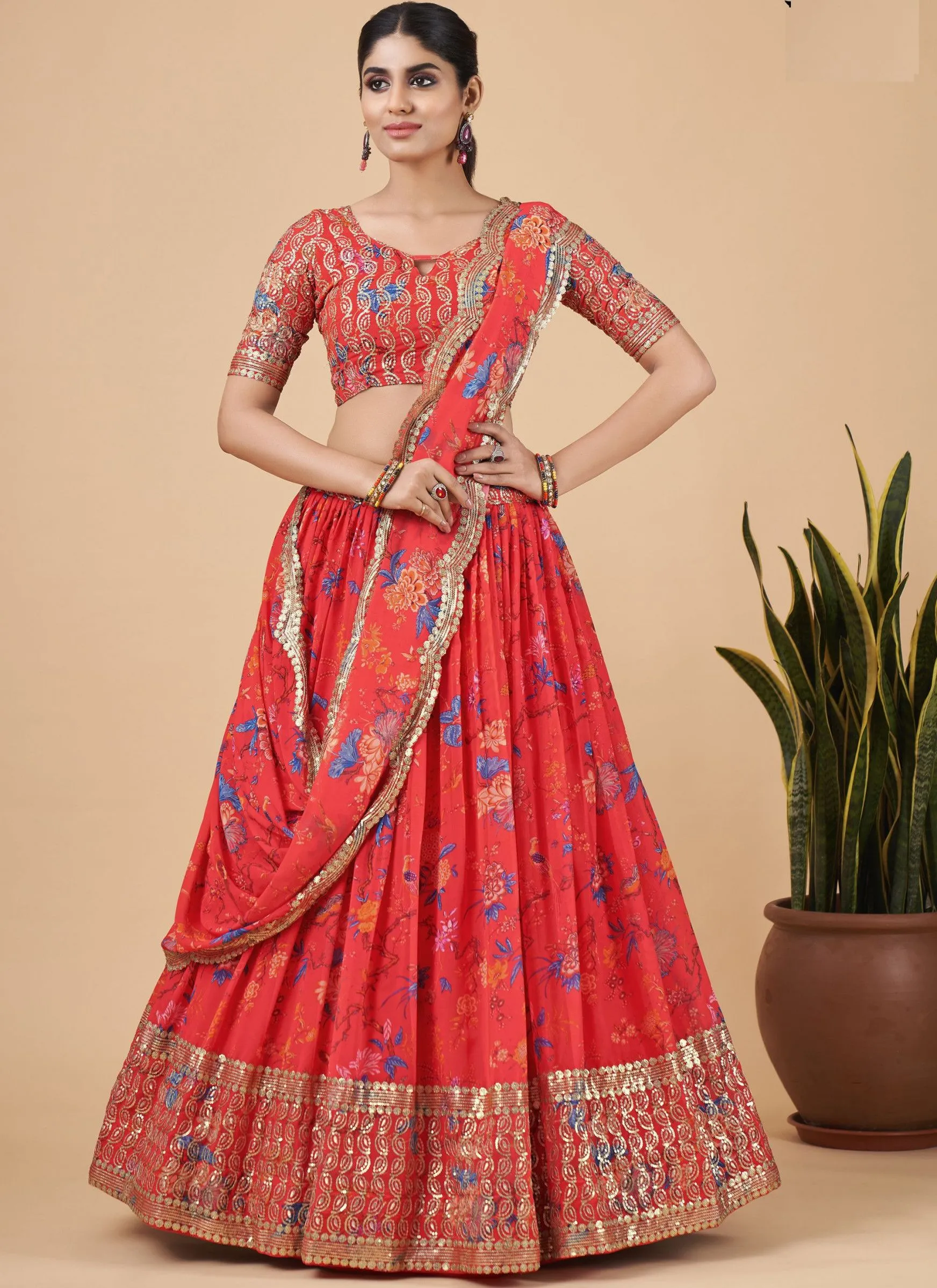 Bright Red Designer Printed Faux Georgette Sequins Embroidery Work Lehenga Choli