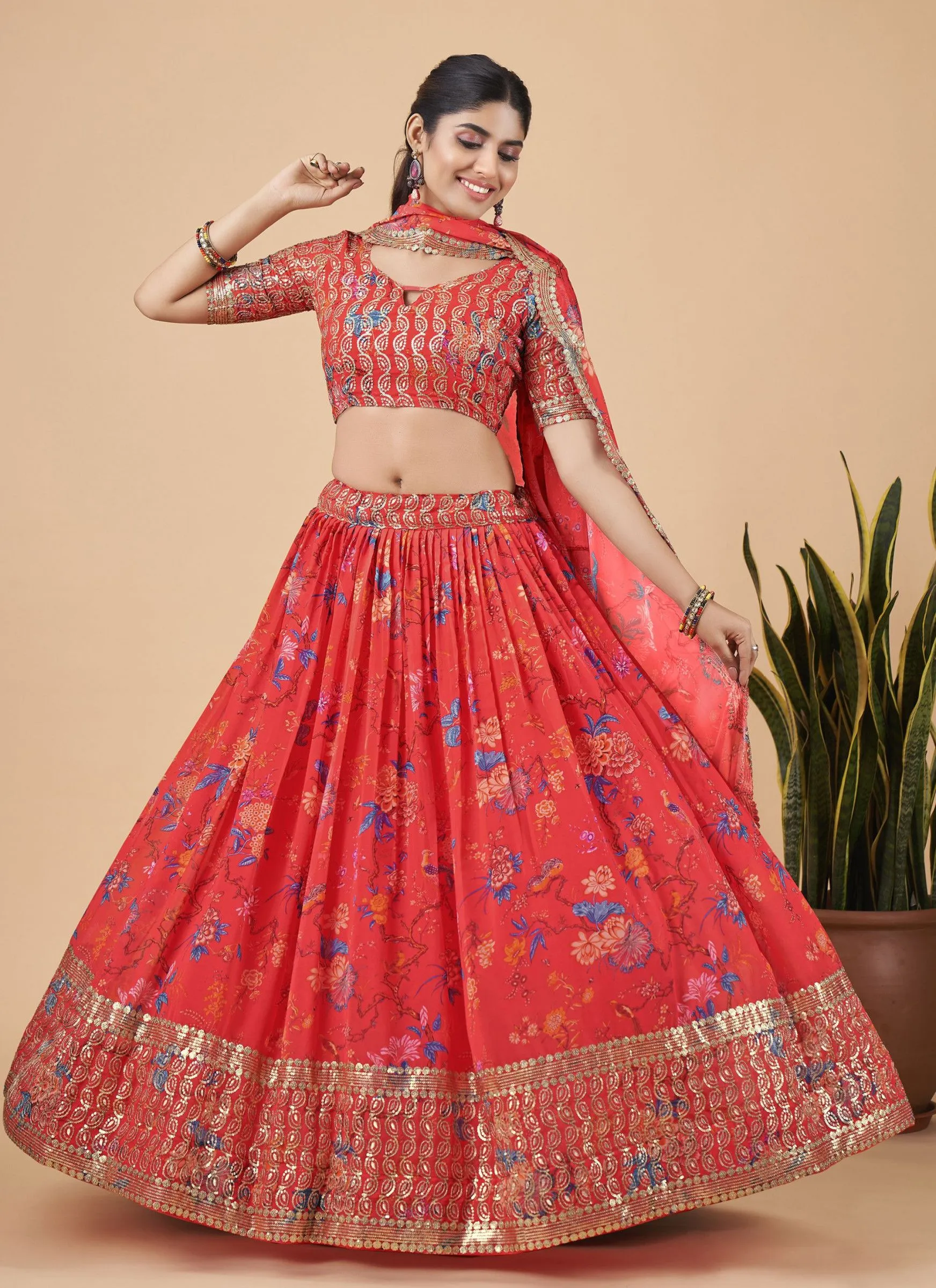 Bright Red Designer Printed Faux Georgette Sequins Embroidery Work Lehenga Choli