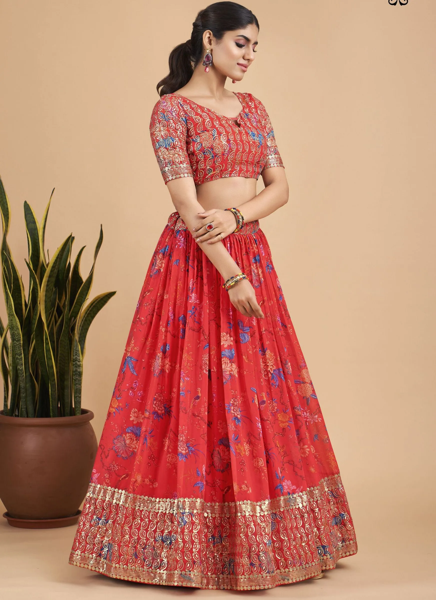 Bright Red Designer Printed Faux Georgette Sequins Embroidery Work Lehenga Choli