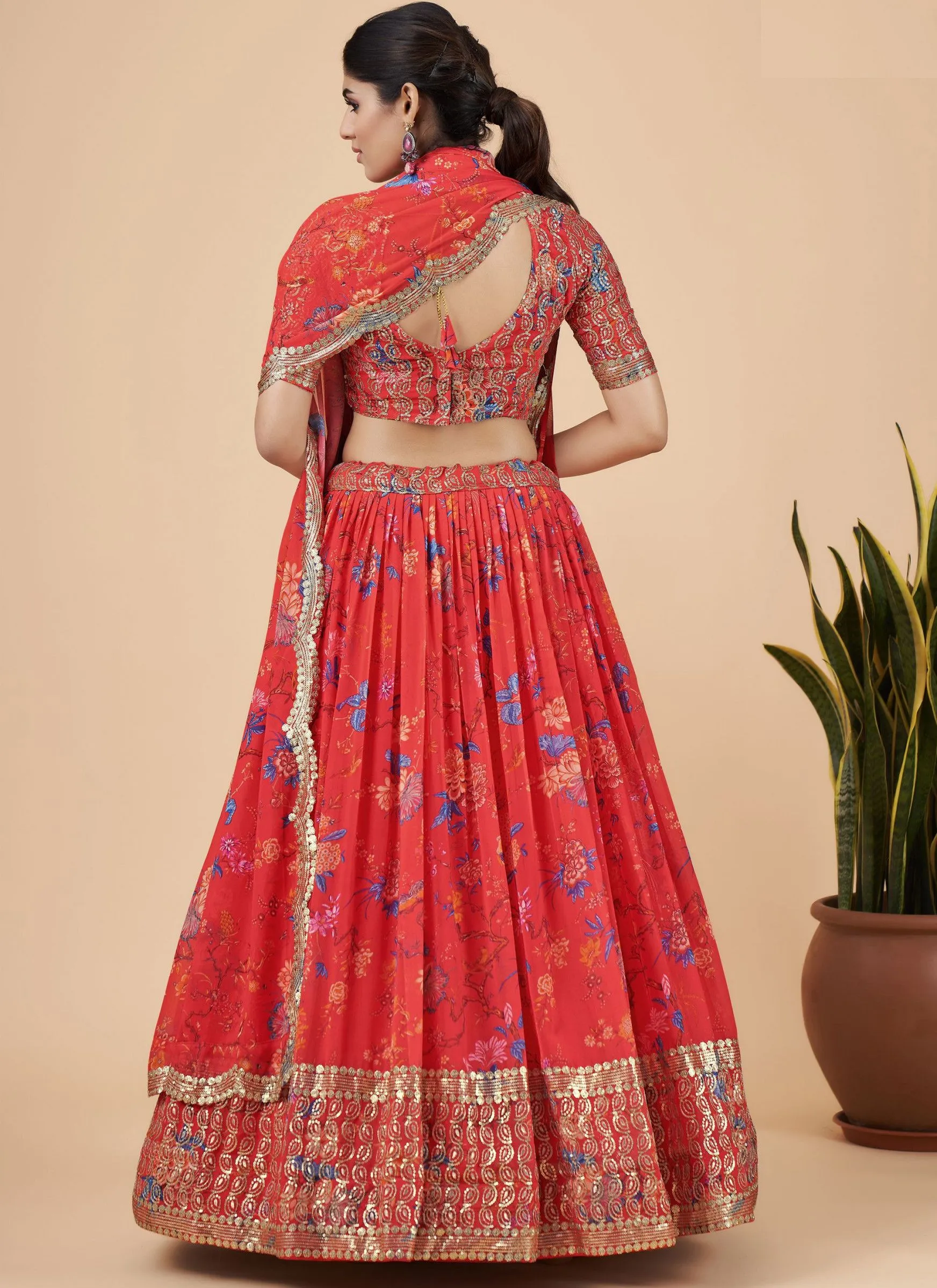 Bright Red Designer Printed Faux Georgette Sequins Embroidery Work Lehenga Choli