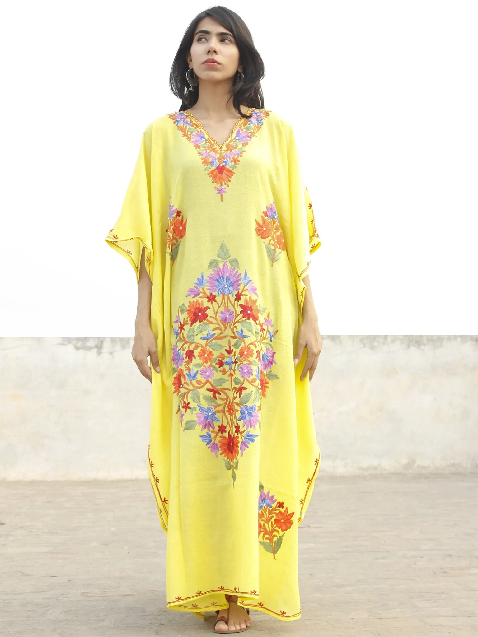 Bright Yellow Aari Embroidered Long Kashmere Free Size Kaftan in Crushed Cotton - K11K002