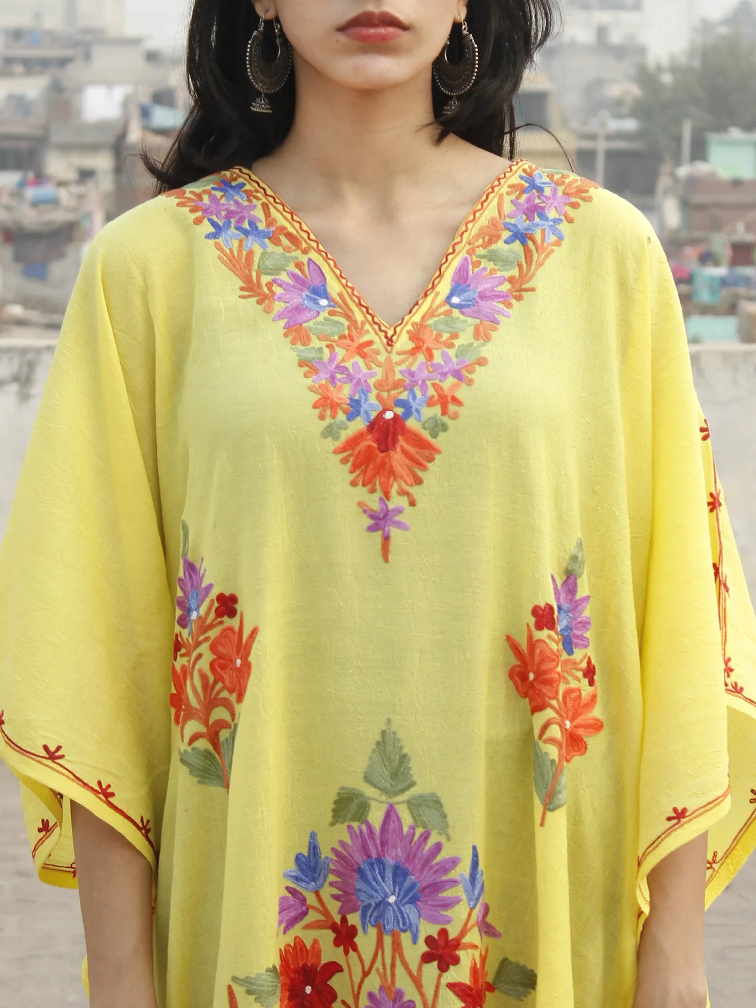 Bright Yellow Aari Embroidered Long Kashmere Free Size Kaftan in Crushed Cotton - K11K002