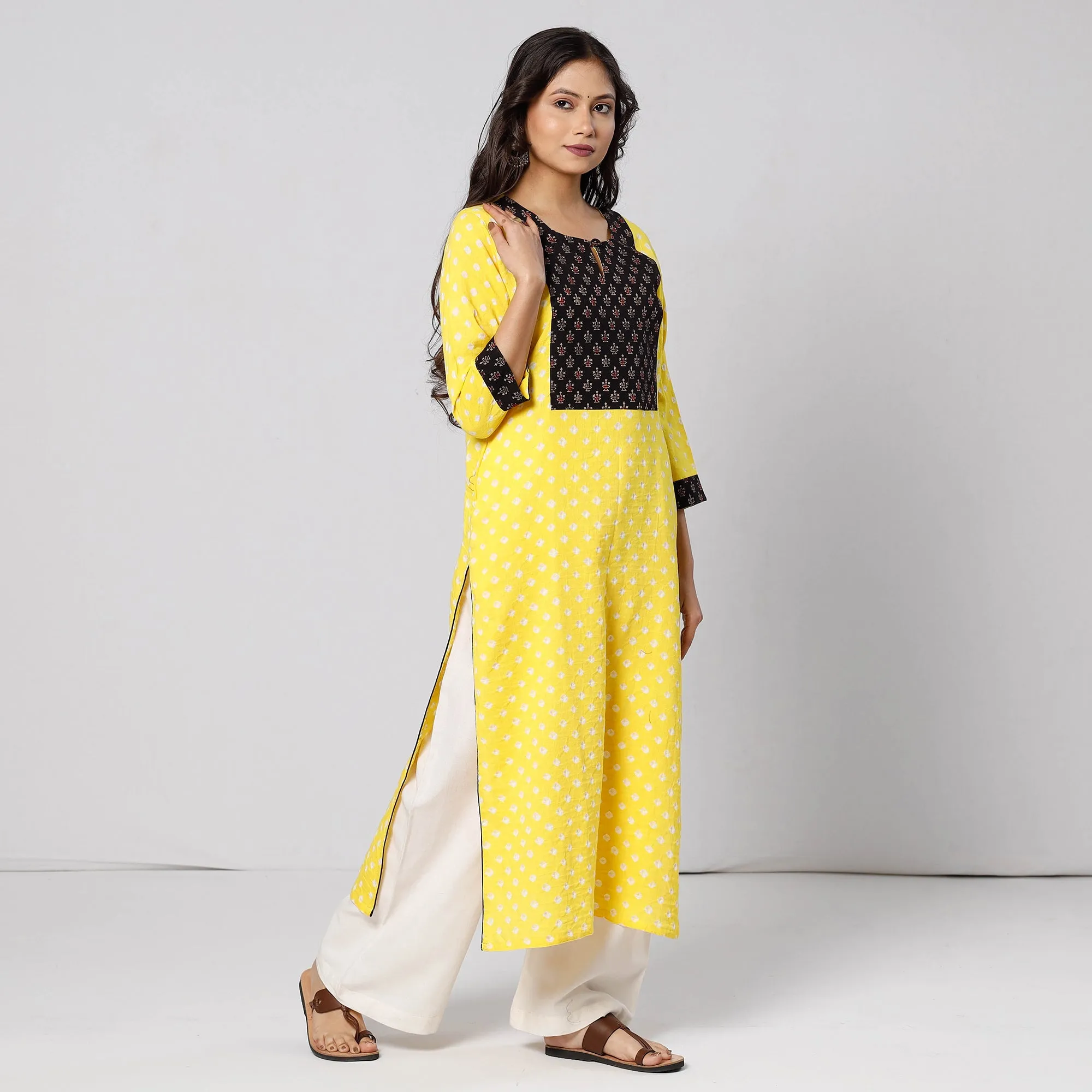 Bright Yellow - Bandhani Tie-dye Cotton Long Straight Kurta