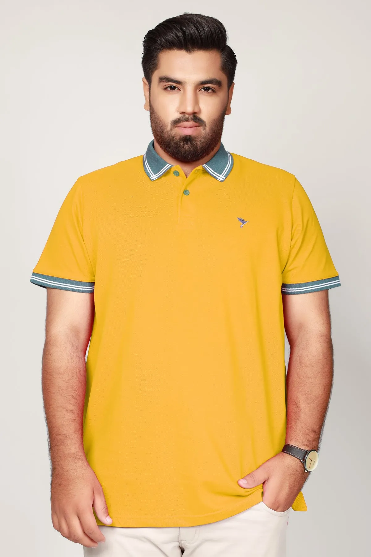 Bright Yellow Contrast Embroidered Polo Shirt (Plus Size) - S22 - MP0073P