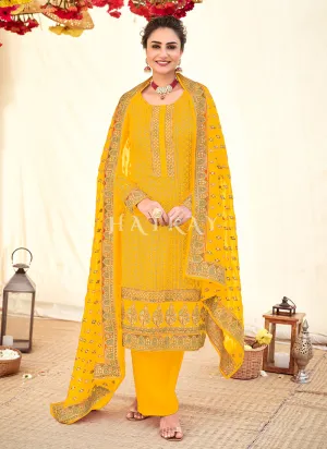 Bright Yellow Embroidered Georgette Wedding Salwar Kameez