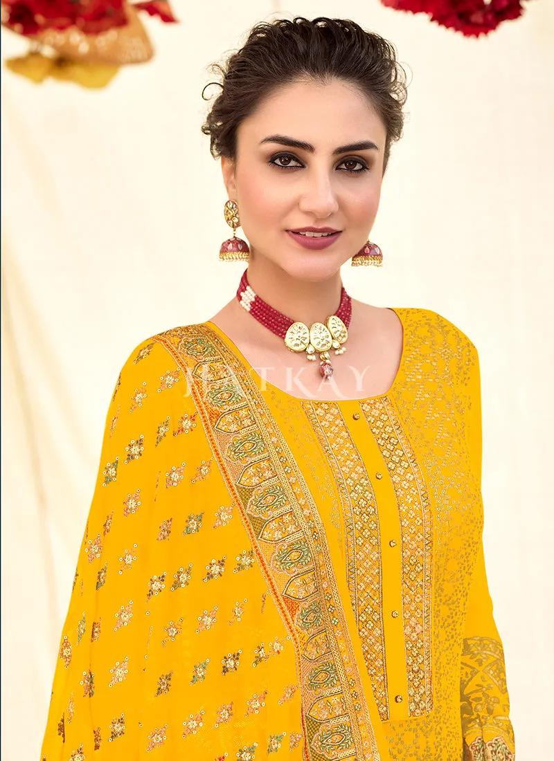 Bright Yellow Embroidered Georgette Wedding Salwar Kameez