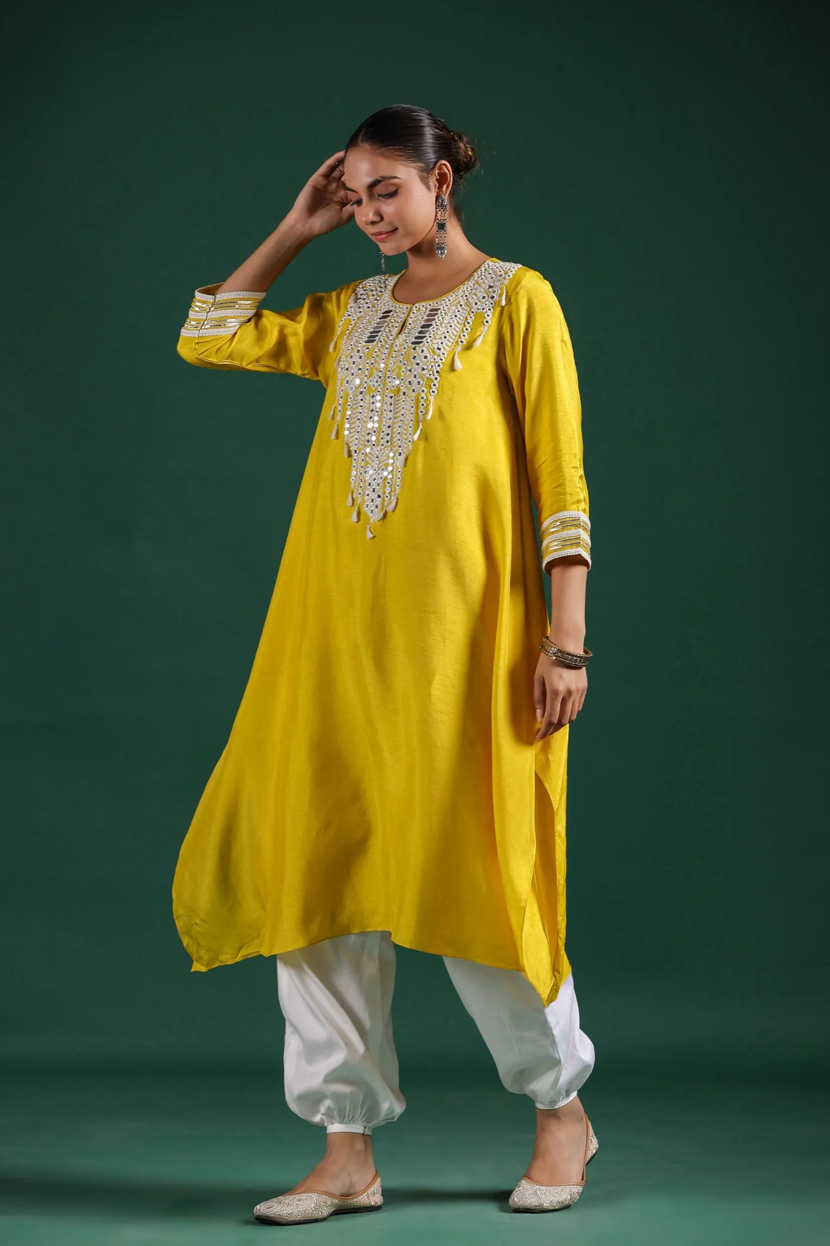 Bright Yellow Embroidered Raw Silk Pants Set