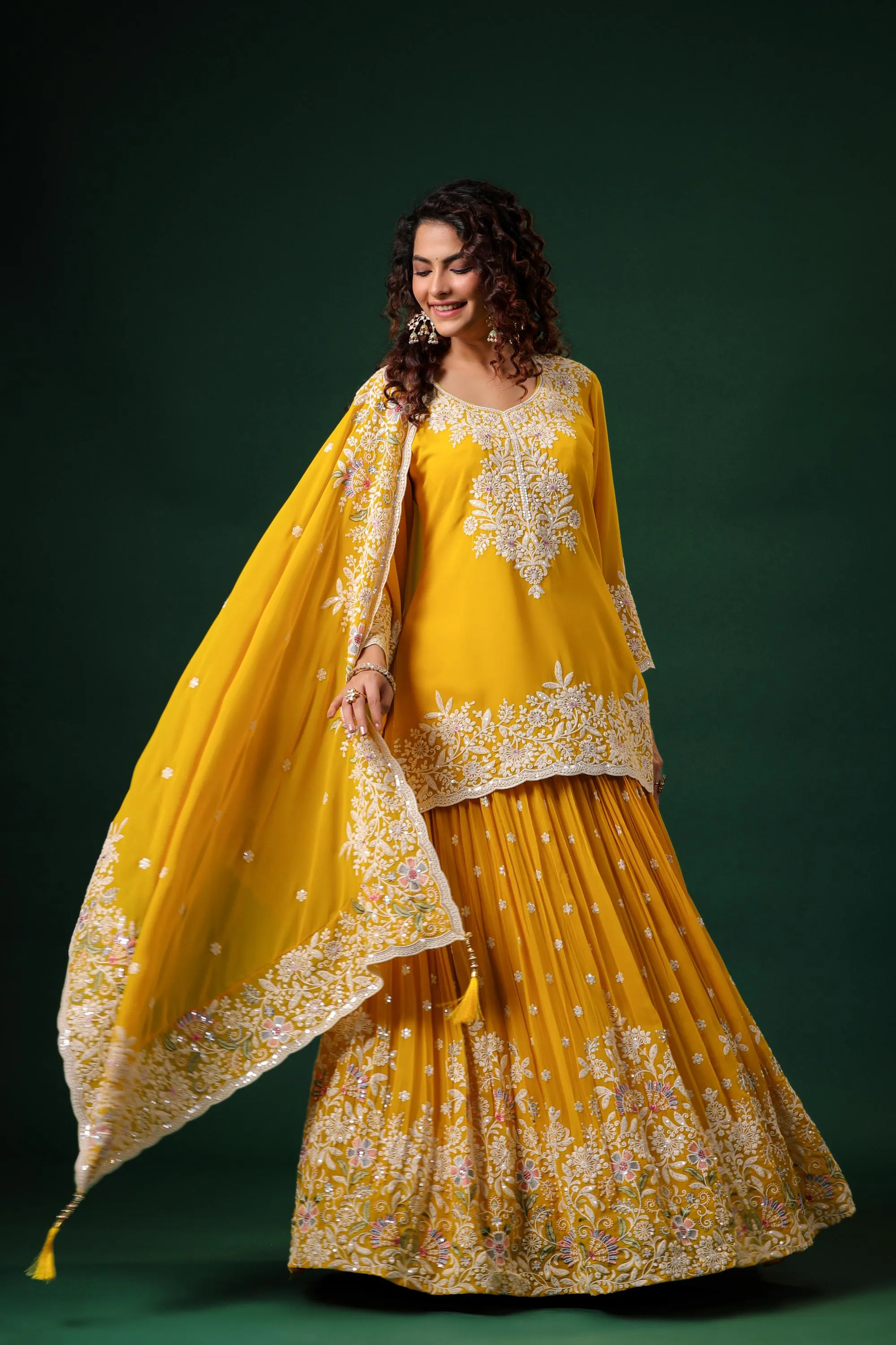 Bright Yellow Embroidered Swiss Georgette Silk Lehenga Set