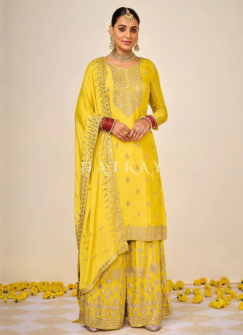 Bright Yellow Embroidered Traditional Gharara Suit