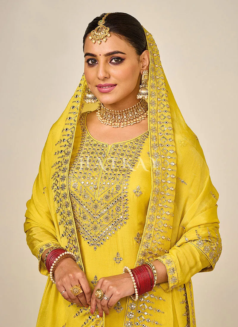 Bright Yellow Embroidered Traditional Gharara Suit