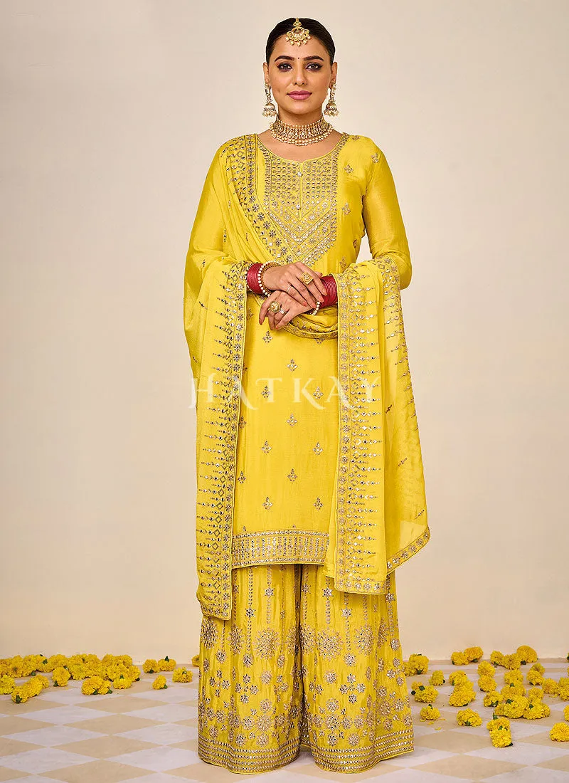 Bright Yellow Embroidered Traditional Gharara Suit