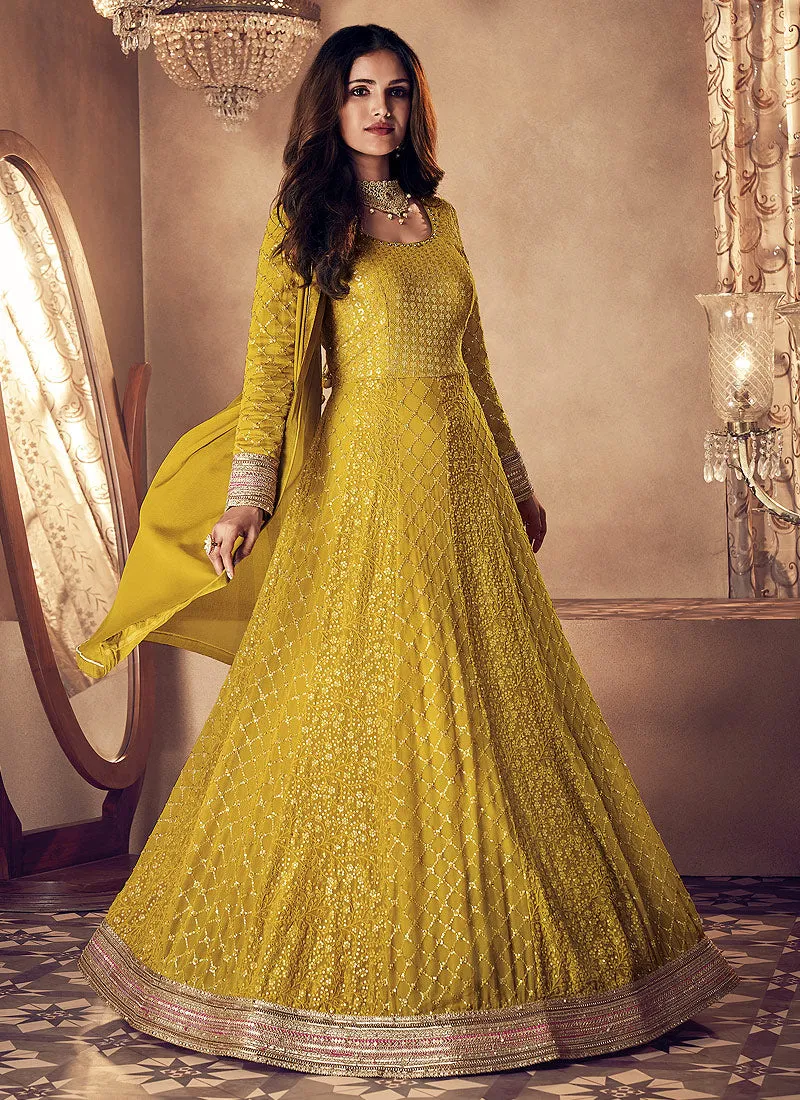 Bright Yellow Embroidered Wedding Anarkali