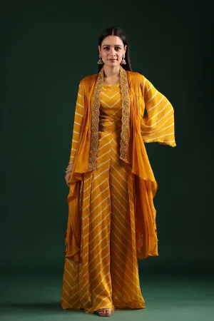 Bright Yellow Leheria Printed Cape Set