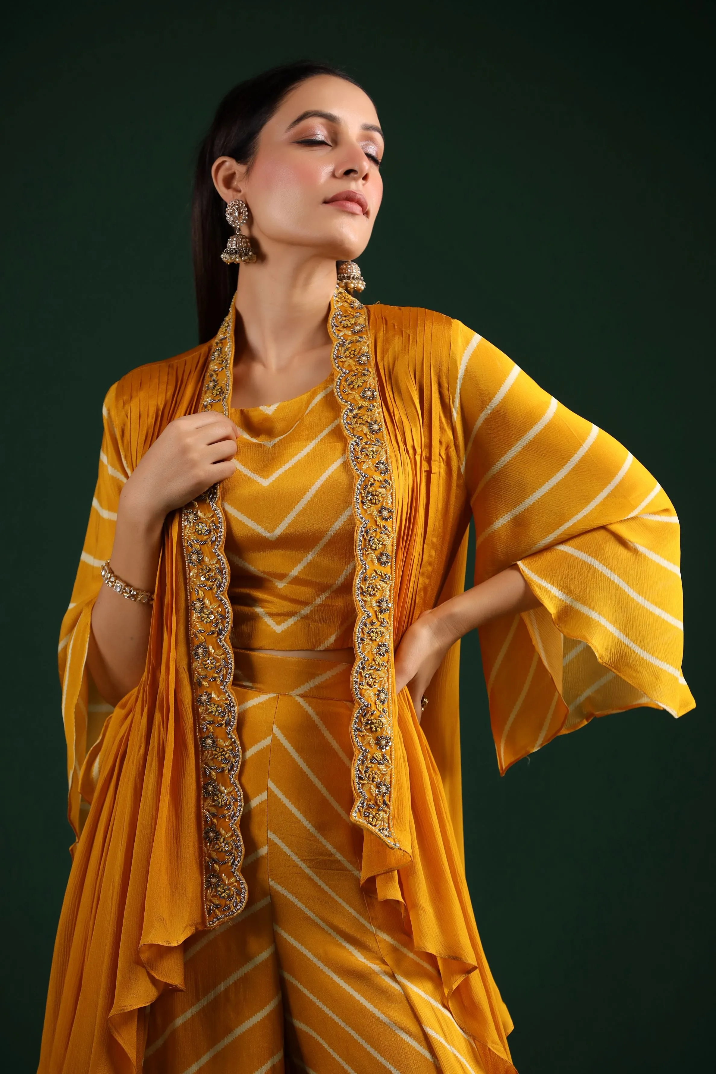 Bright Yellow Leheria Printed Cape Set