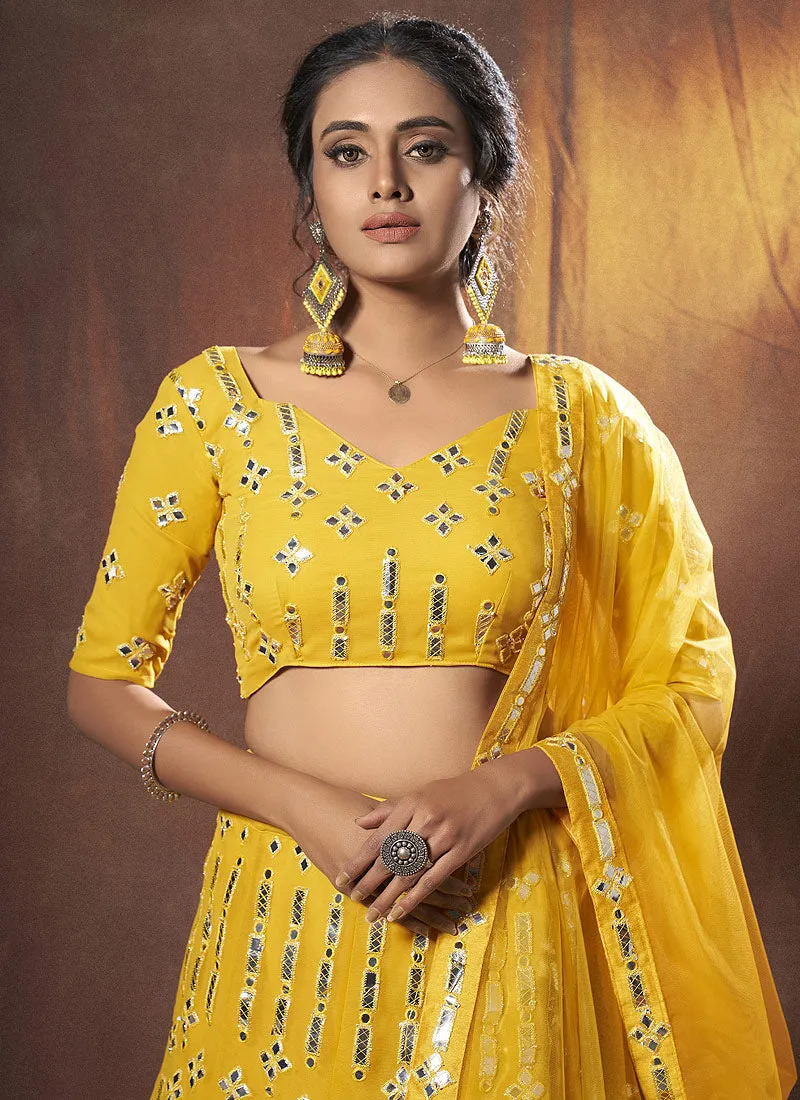 Bright Yellow Mirror Embroidered Lehenga Choli