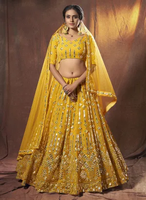 Bright Yellow Mirror Embroidered Lehenga Choli