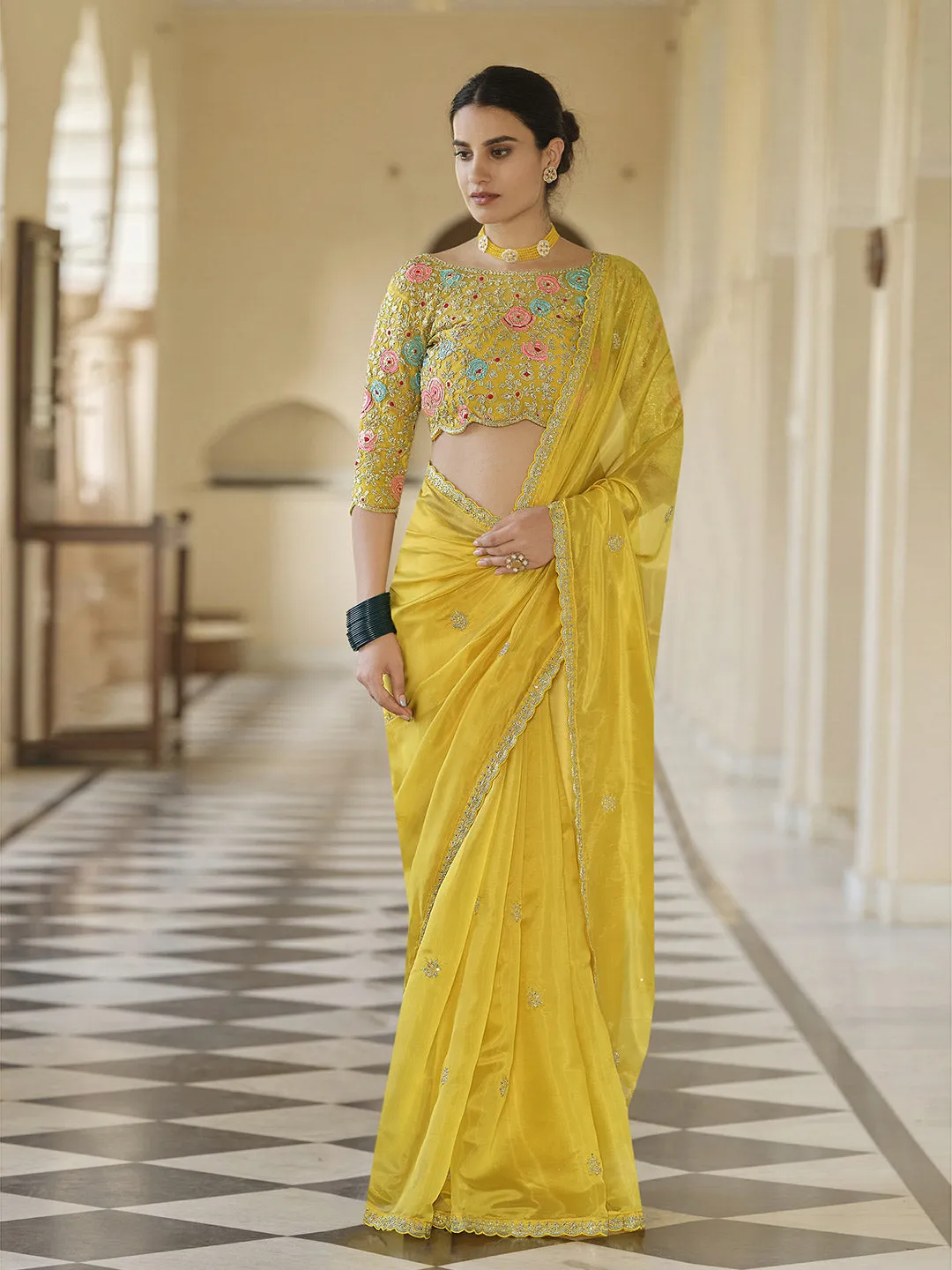 Bright Yellow Organza Saree With Rich Dori Embroidery & Soft Net Blouse