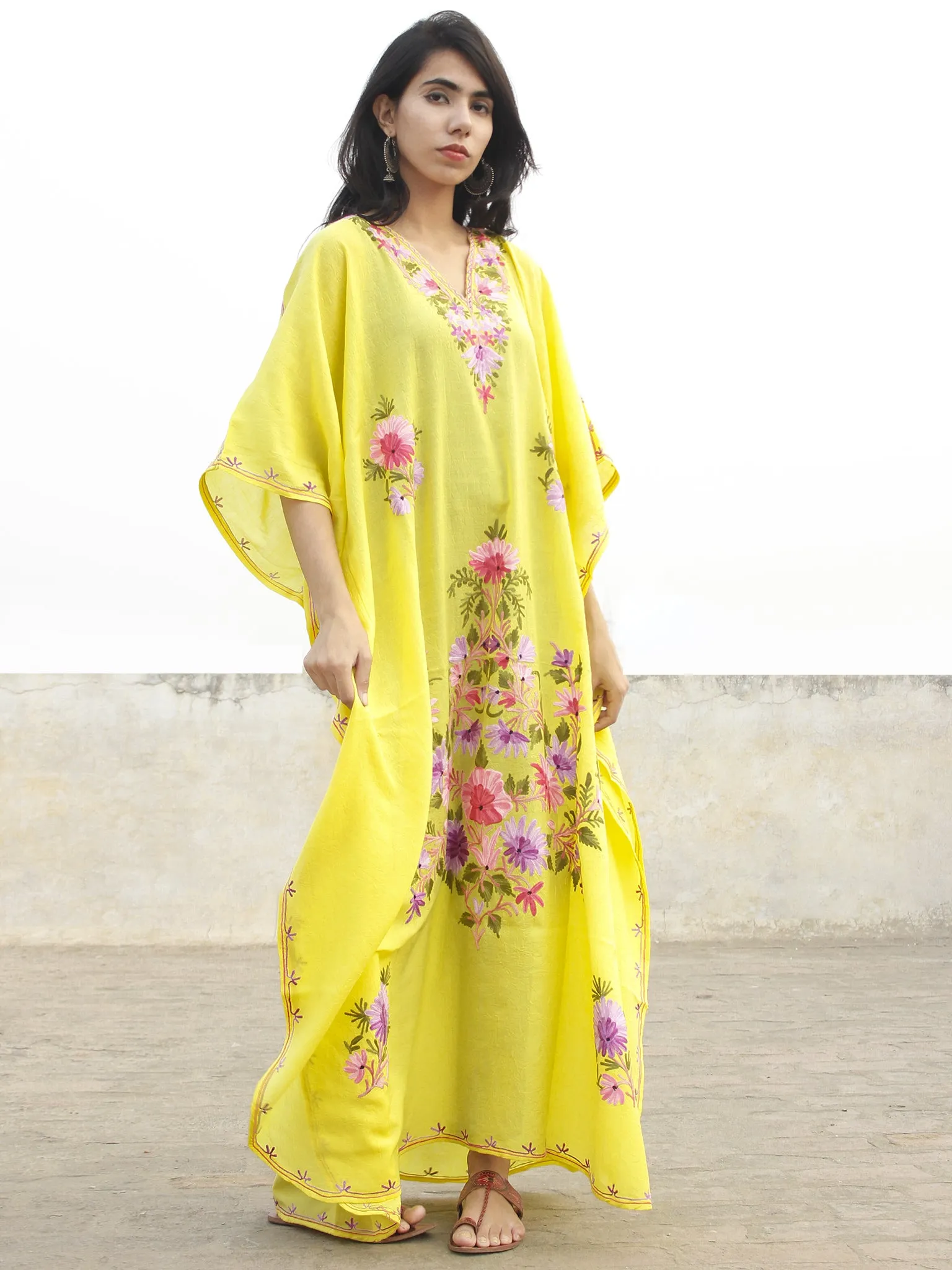 Bright Yellow with Multi color  Aari Embroidered Long Kashmere Free Size Kaftan in Crushed Cotton - K11K011