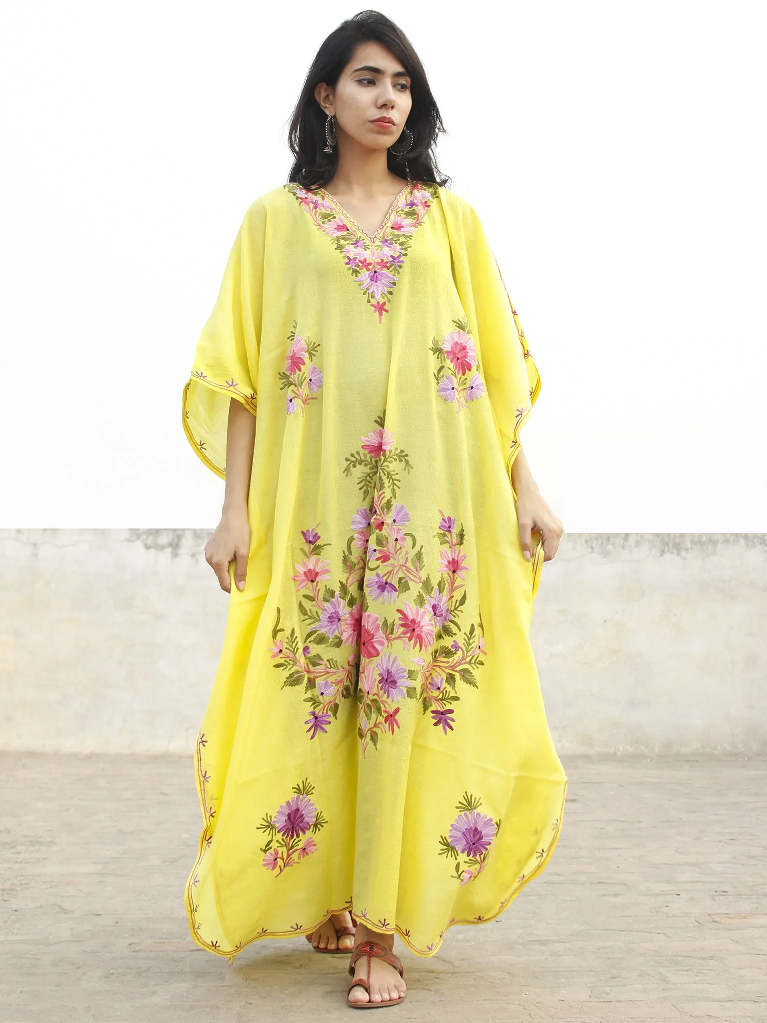 Bright Yellow with Multi color  Aari Embroidered Long Kashmere Free Size Kaftan in Crushed Cotton - K11K011