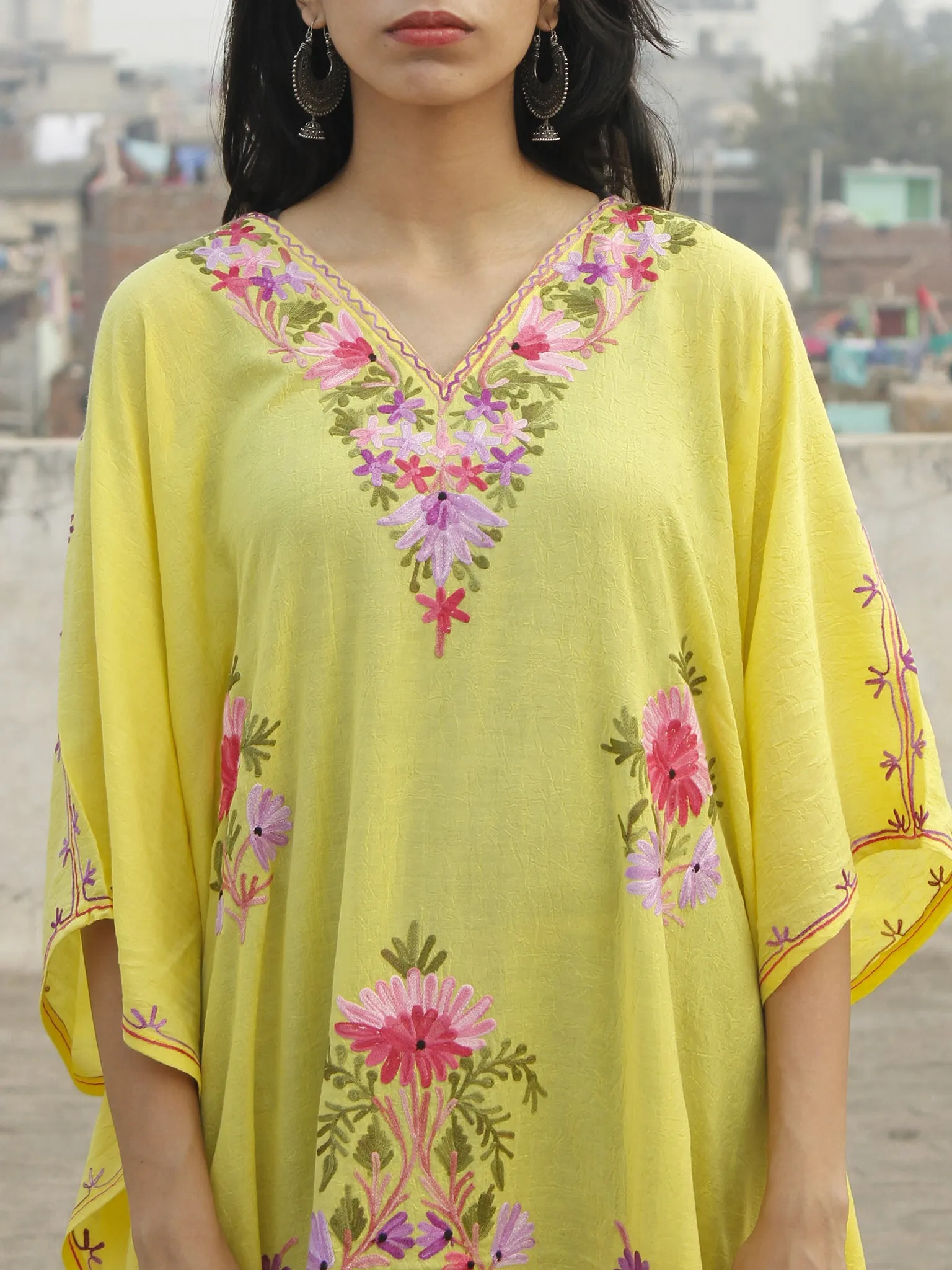 Bright Yellow with Multi color  Aari Embroidered Long Kashmere Free Size Kaftan in Crushed Cotton - K11K011