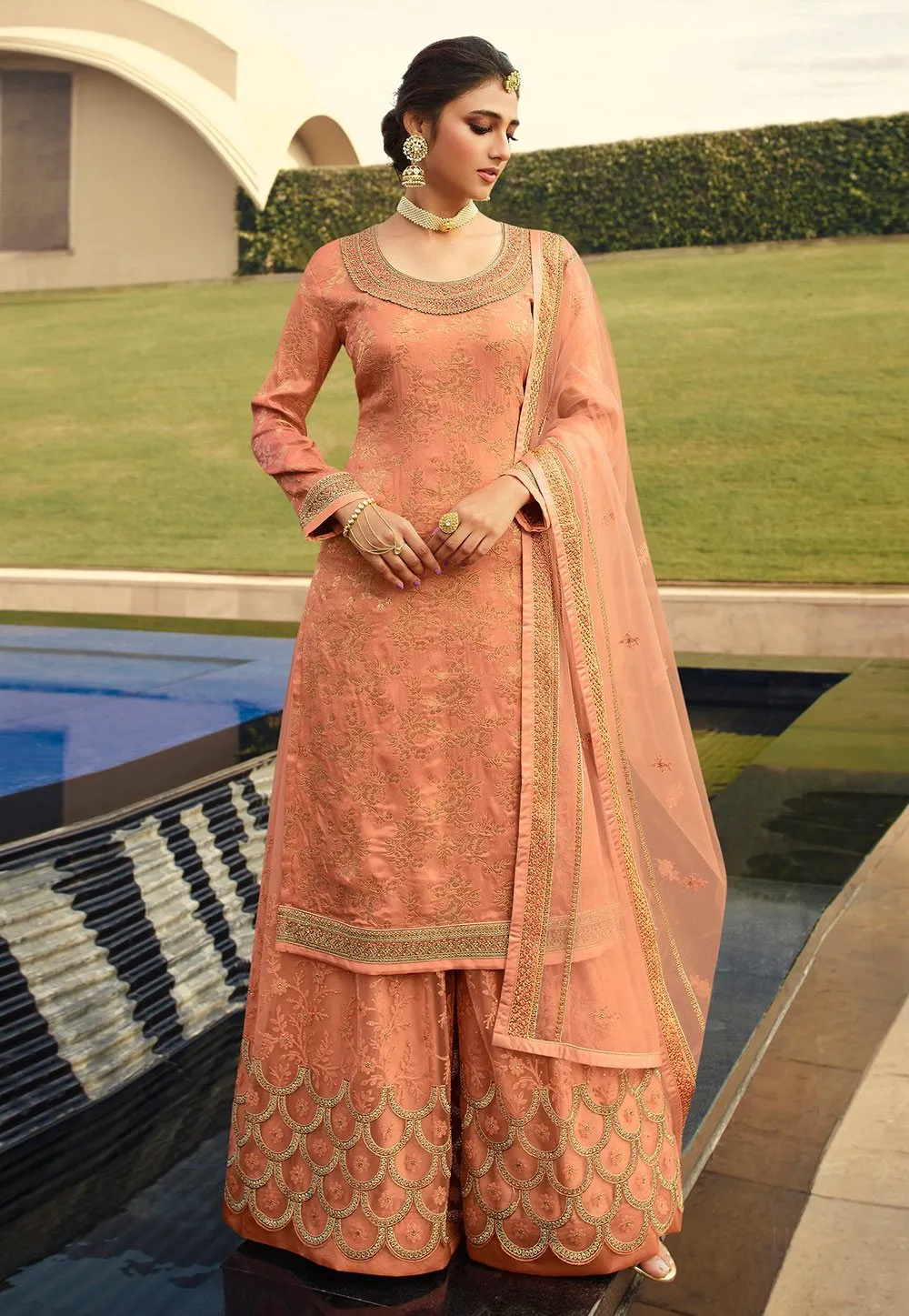 Brilliant Peach Jacquard Silk Embroidered Palazzo Suit