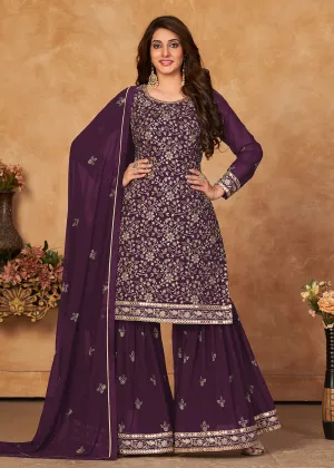 Brilliant Plum Purple Embroidered Ceremonial Gharara Suit