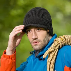 Brimmed Beanie in Black, Blue and Grey With Short Brim