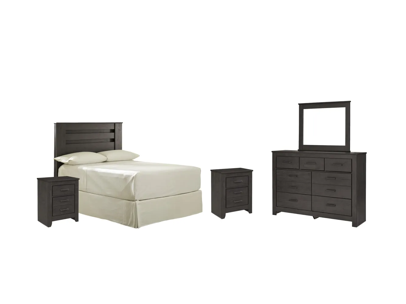 Brinxton Full Panel Headboard Bed with Mirrored Dresser and 2 Nightstands