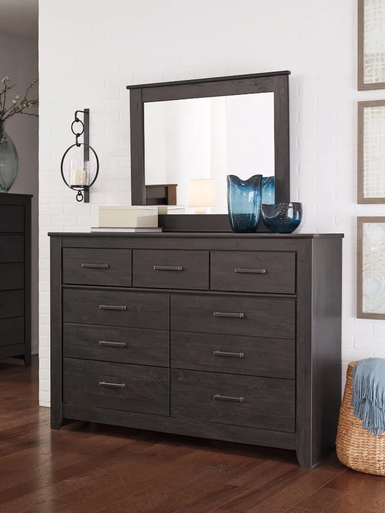 Brinxton Full Panel Headboard Bed with Mirrored Dresser, Chest and 2 Nightstands