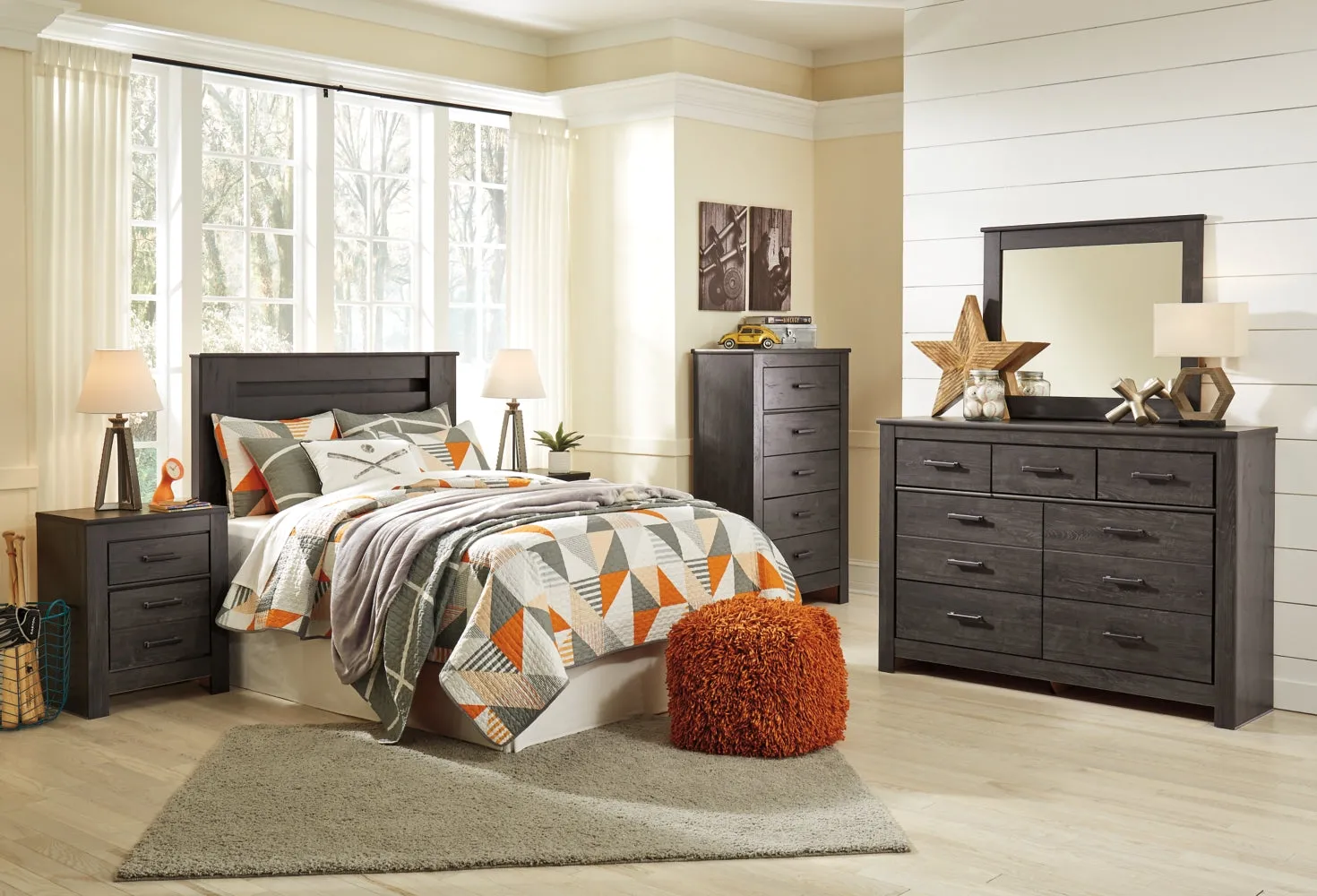 Brinxton Full Panel Headboard Bed with Mirrored Dresser