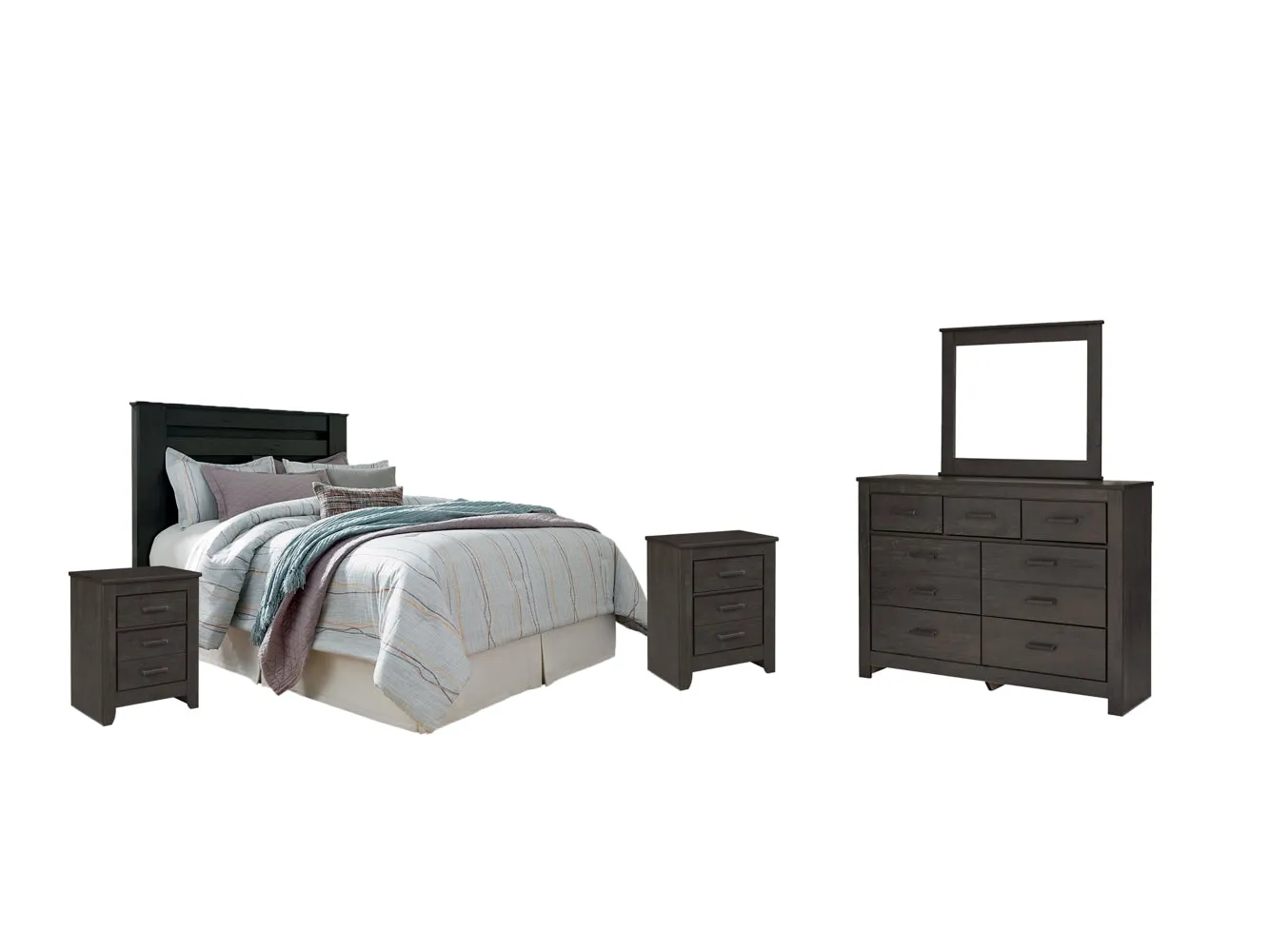 Brinxton King/California King Panel Headboard Bed with Mirrored Dresser and 2 Nightstands