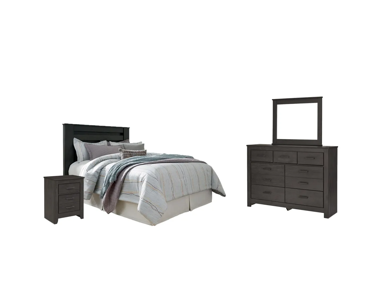 Brinxton Queen/Full Panel Headboard Bed with Mirrored Dresser and 2 Nightstands