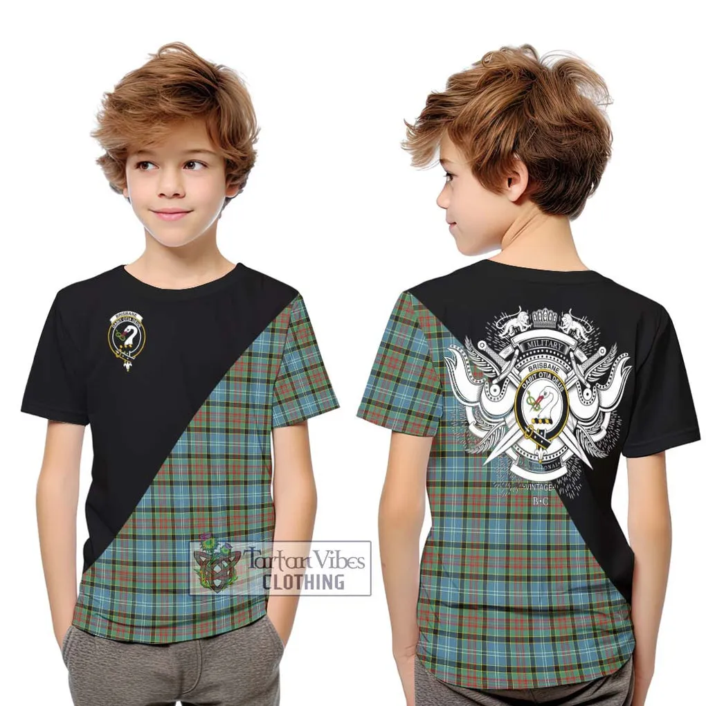 Brisbane Tartan Kid T-Shirt with Family Crest and Military Logo Style