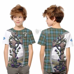 Brisbane Tartan Kid T-Shirt with Family Crest and St. Andrew's Cross Accented by Thistle Vines