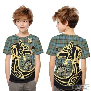 Brisbane Tartan Kid T-Shirt with Family Crest Celtic Wolf Style