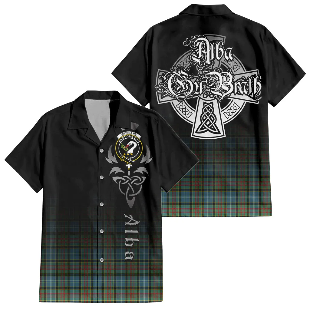 Brisbane Tartan Short Sleeve Button Up Shirt Featuring Alba Gu Brath Family Crest Celtic Inspired