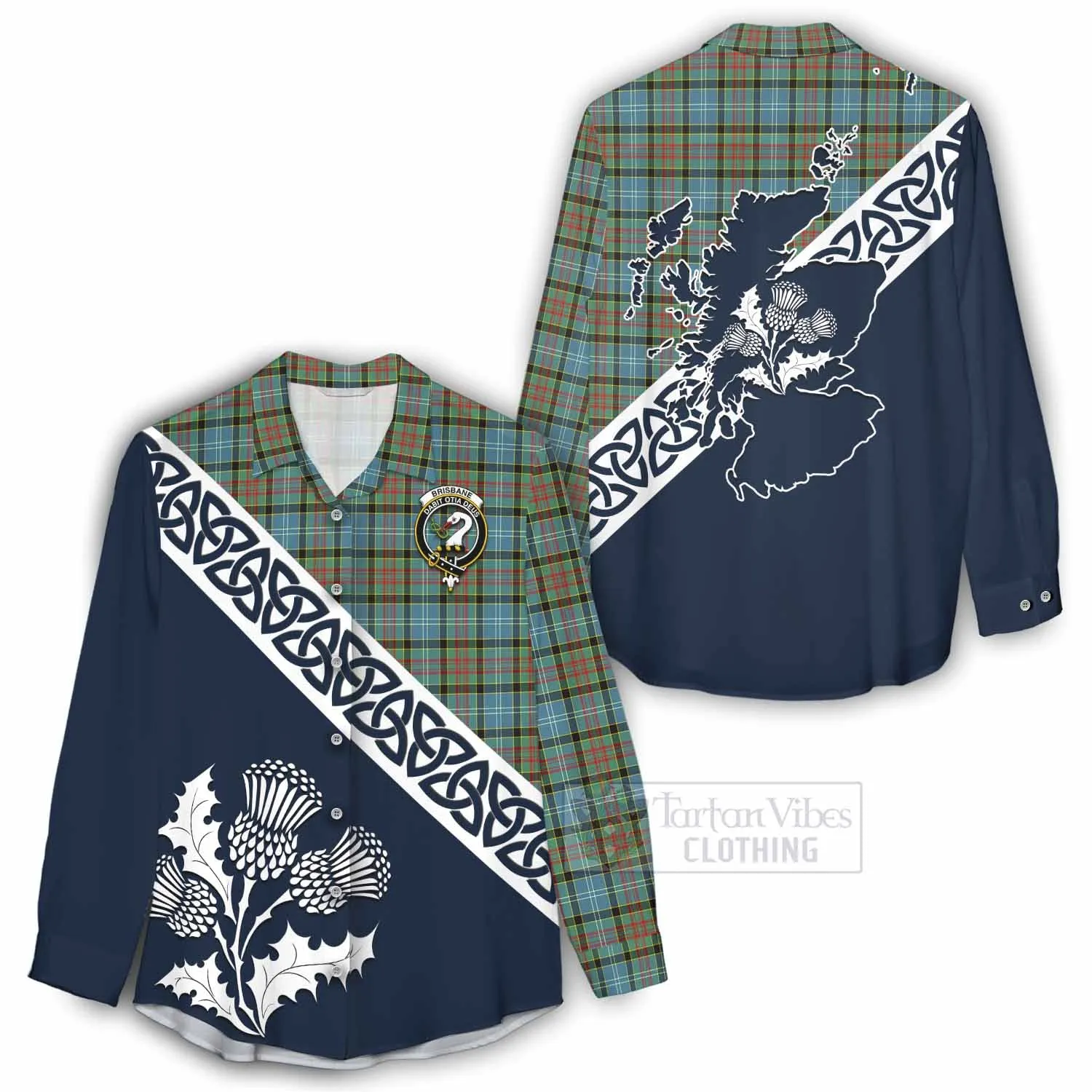 Brisbane Tartan Women's Casual Shirt Featuring Thistle and Scotland Map