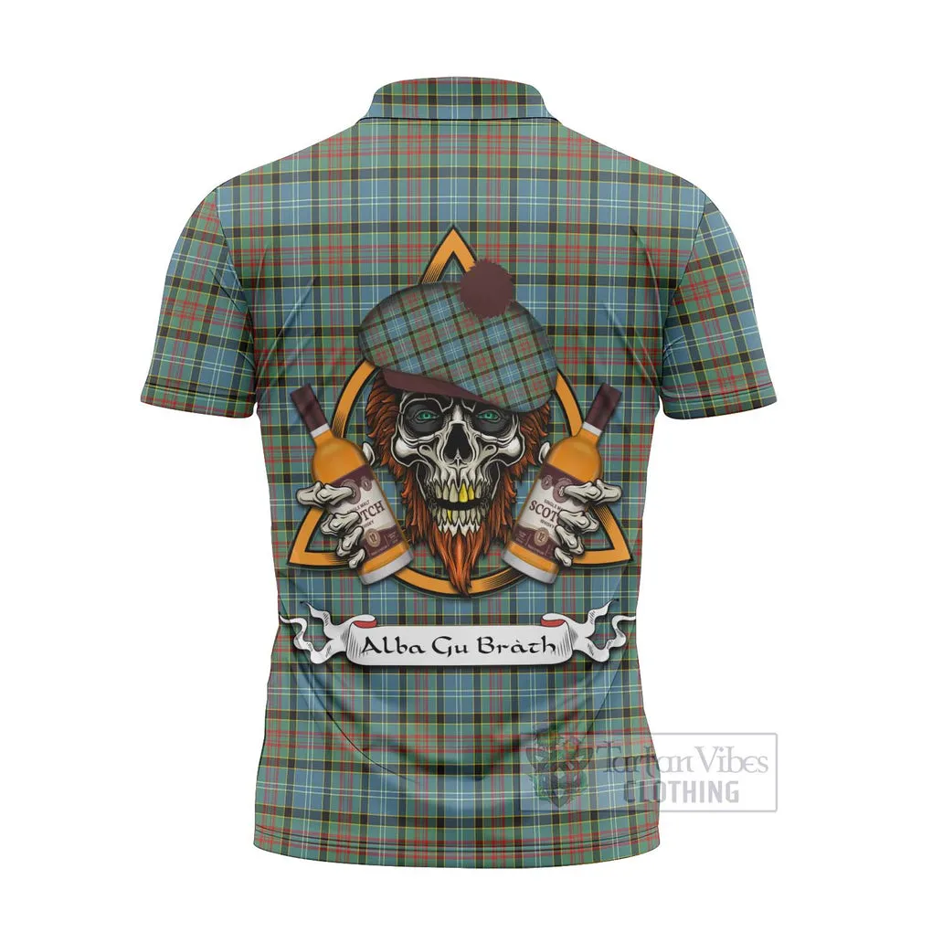 Brisbane Tartan Zipper Polo Shirt with Family Crest and Bearded Skull Holding Bottles of Whiskey