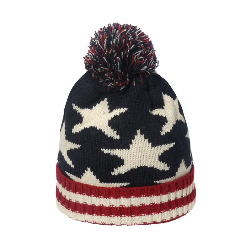 British American flag star stripe knitted wool cap wool ball warm knitted hat for men and women