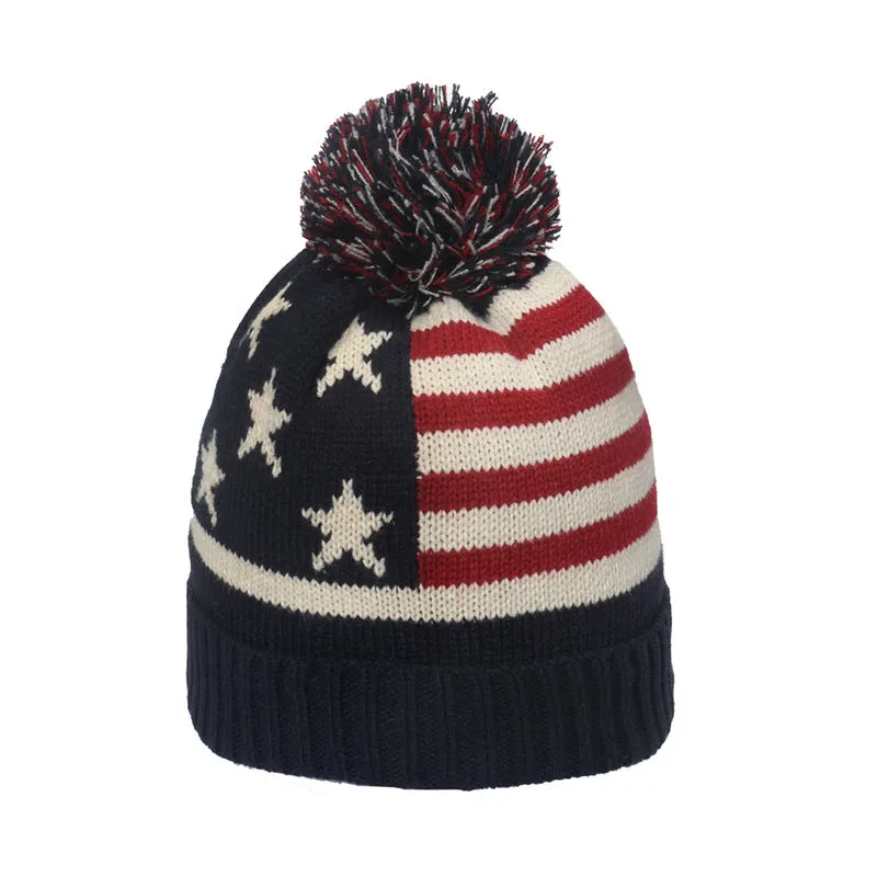 British American flag star stripe knitted wool cap wool ball warm knitted hat for men and women