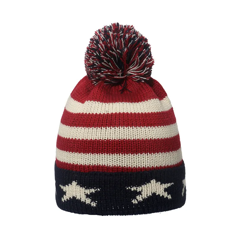 British American flag star stripe knitted wool cap wool ball warm knitted hat for men and women